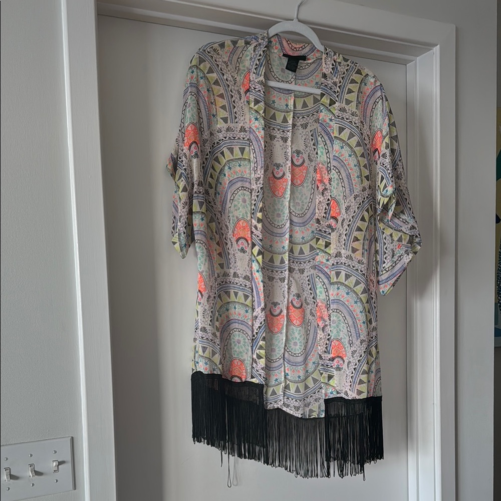 Steve Madden Colorful Patterned Kimono with Fringe